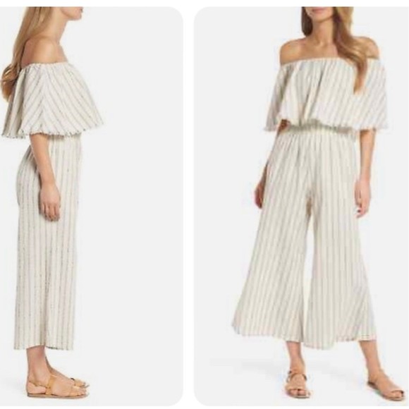 Elan Pants - ELAN Black Ruffle Raw Hem Off Shoulder Coulotte Geometric Stripped Romper Large